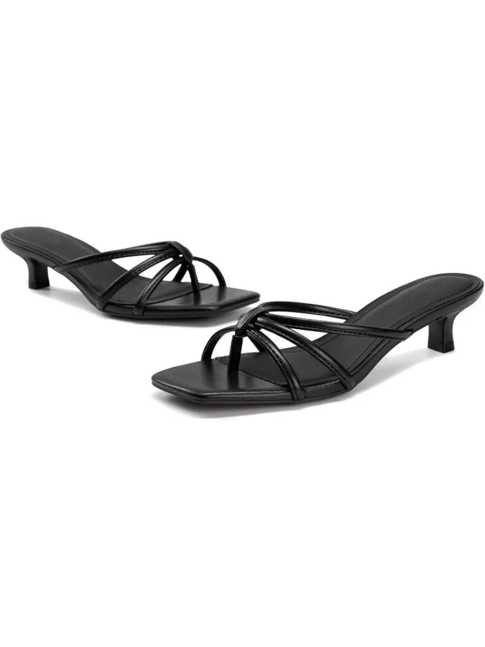 Athlefit Women's Black Polyurethane Kitten Square Toe Strappy Flip Flop Low Heel